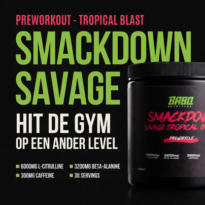 Smackdown Savage pre-workout specs: 6000mg L-citrulline, 3200mg beta-alanine, 300mg cafeine, 30 servings